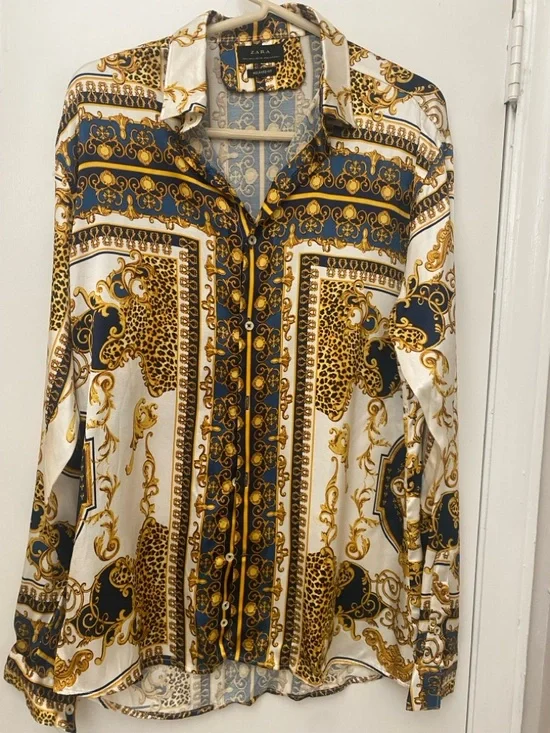 Zara Satin Print Button-Up Shirt – Baroque Pattern Long Sleeve - Picture 3 of 11